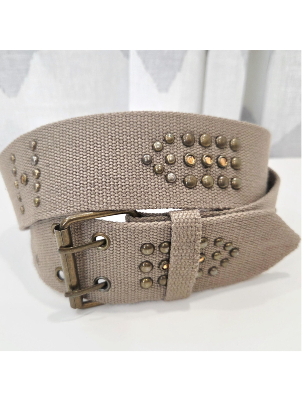 Vintage Y2K studded belt taupe canvas| metal studs & stonessize M‑L